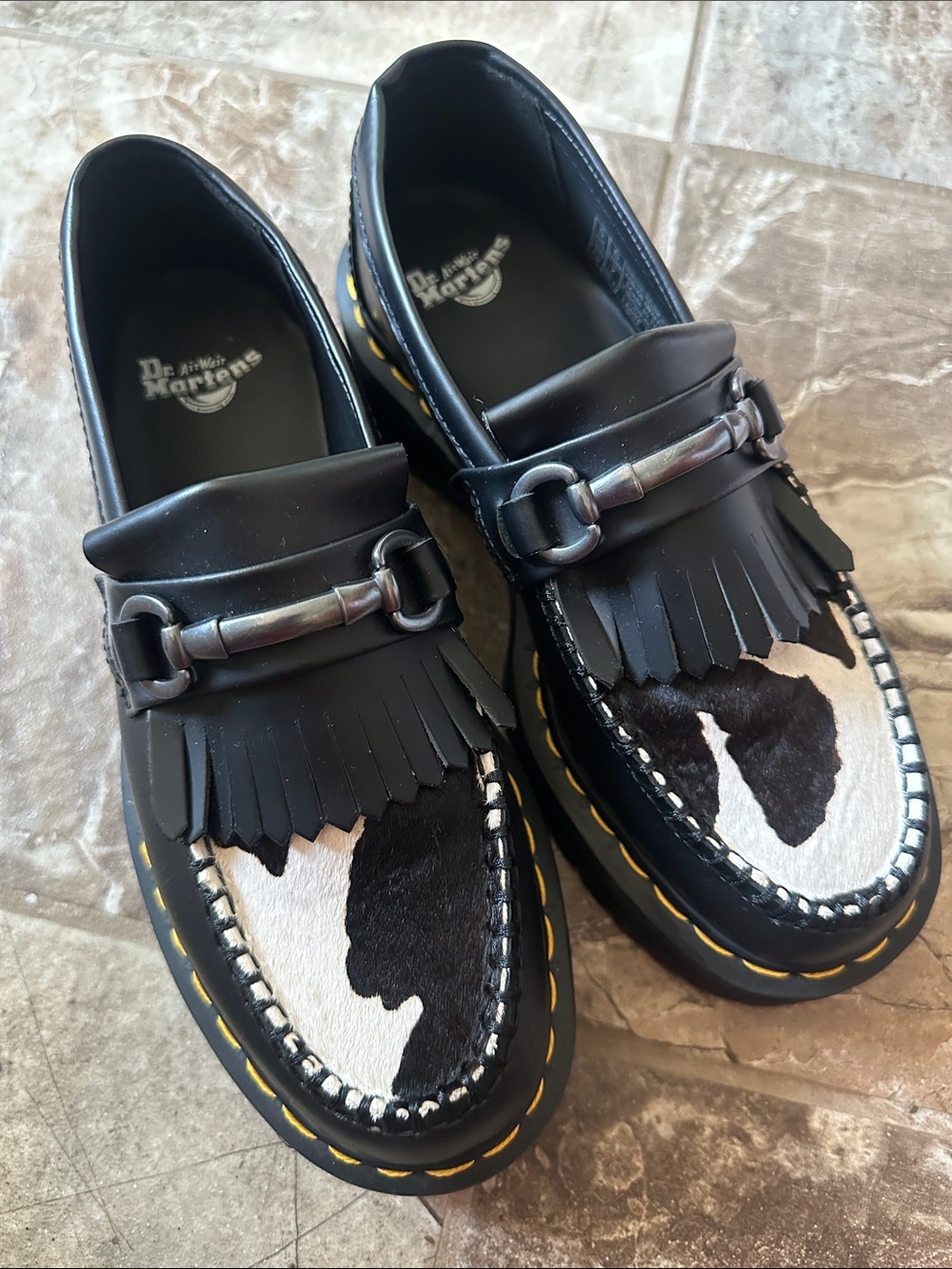 Dr. Martens Black Leather & Black-and-White Cowhide Kiltie Bit Loafers